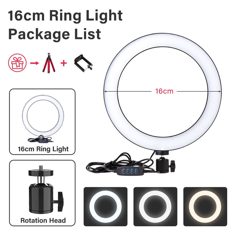 Anillo de luz regulable para Selfie, lámparas LED redondas, USB con soporte para teléfono, soporte de trípode de 1,6 M para Tiktok, luz de vídeo, maquillaje, conjunto de fotografía