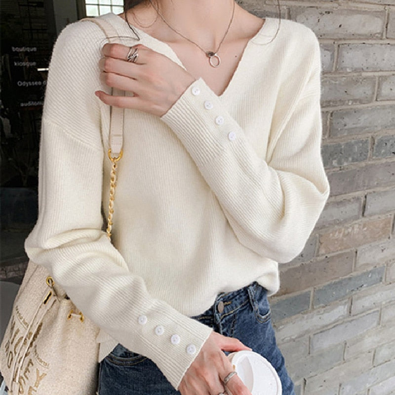 2022 Autumn Spring Women Sweaters Female Tops Knitted Thin Pullover Solid V-neck Loose Elegant Office Lady Casual All Match