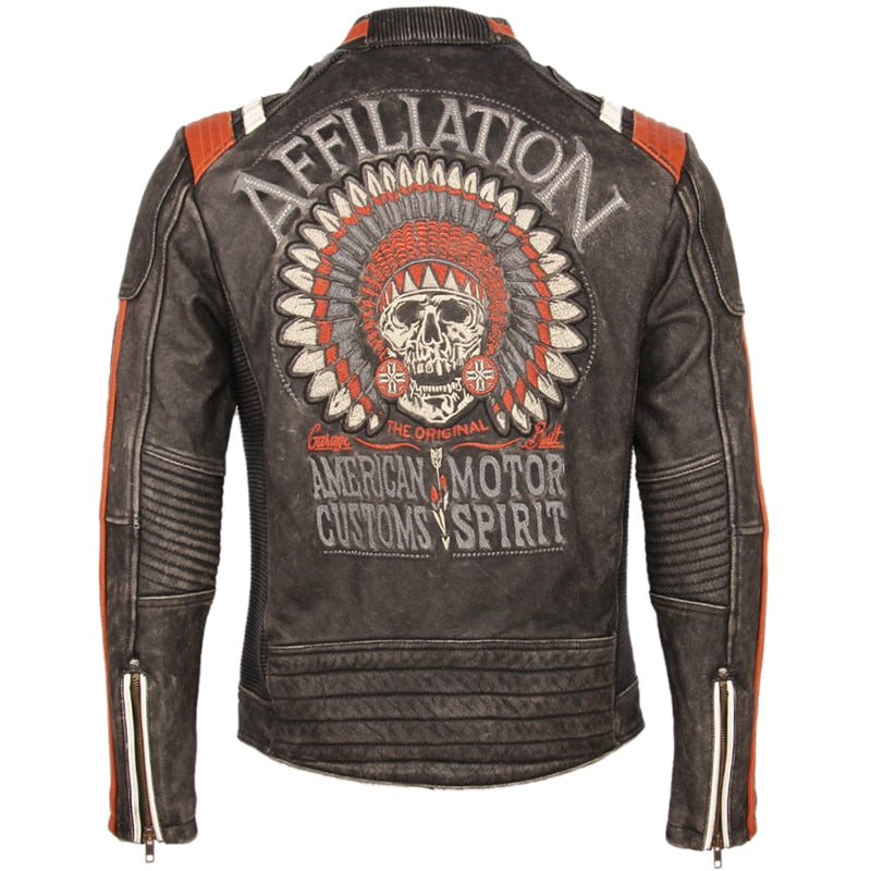 Vintage Embroidery Skulls Motorcycle Leather Jacket 100% Real Cowhide Moto Jacket Biker Leather Coat Winter Motor Clothing M220