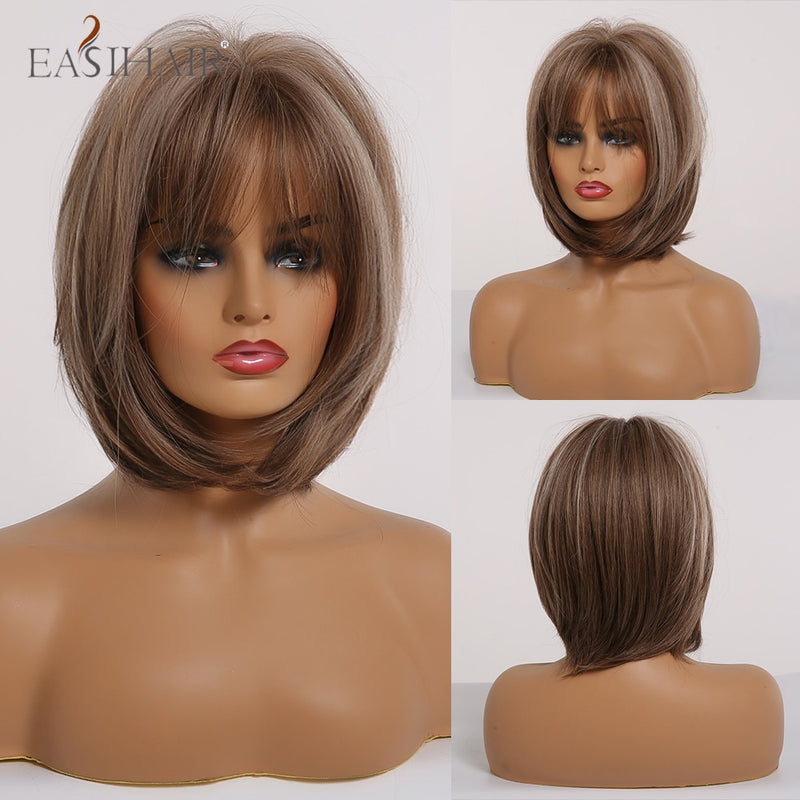 EASIHAIR Dark Brown Short BoBo Wigs with Bangs Heat Resistant Synthetic Hair Wigs Cosplay Lolita Female Wigs for Women