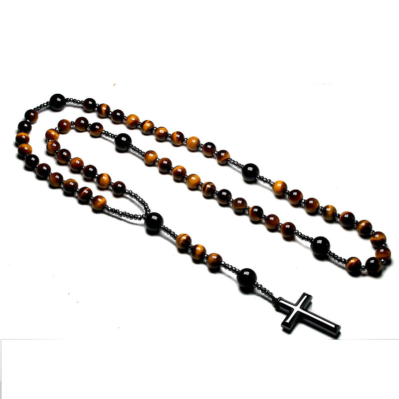 Natural Tiger Eye Stone Catholic Christ Rosary Necklaces For Women Men Hematite Cross Pendant Mala Jewelry