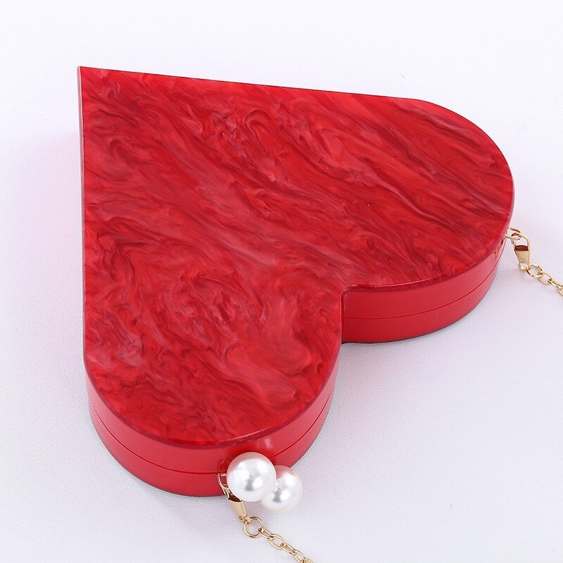 Unique Designer Acrylic Clutch Fashion Cute Red Heart Shape Pearl Chain Party Evening bag Women Shoulder Bags Hot Handbag Purses