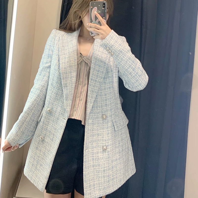 Za 2021 Women Suit Jacket Tweed Blazer Women Jacket Femme Plaszcz Wiosenny Damski Sobrecamisa Cuadros Plaid Checkered Blazer