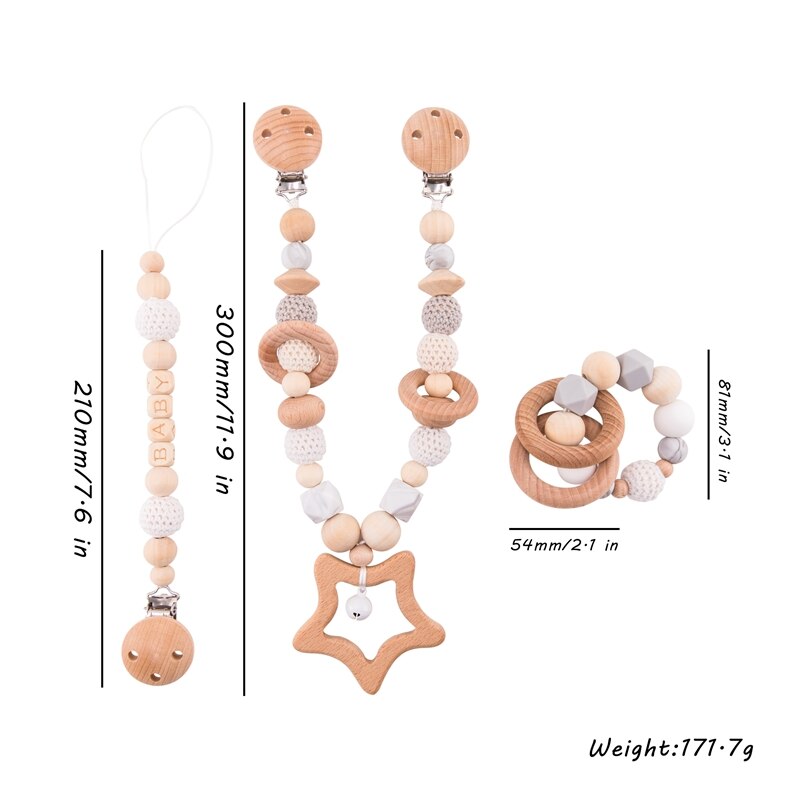 Juguetes para bebés Cuentas de silicona Mordedores Anillos de madera Pulsera hecha a mano Chupete Cadena Clips Dentición Cochecito Cochecito Campana Productos para bebés