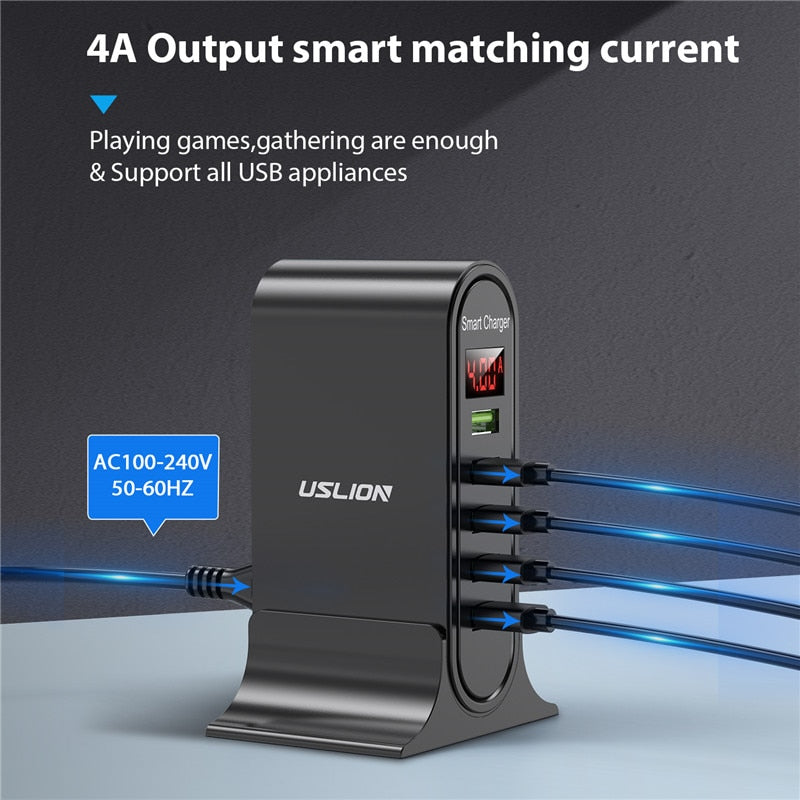 USLION USB Charger 5 Port LED Display Multi USB Phone Desktop EU US UK Plug With Digital Display Travel Wall Charger Adapter