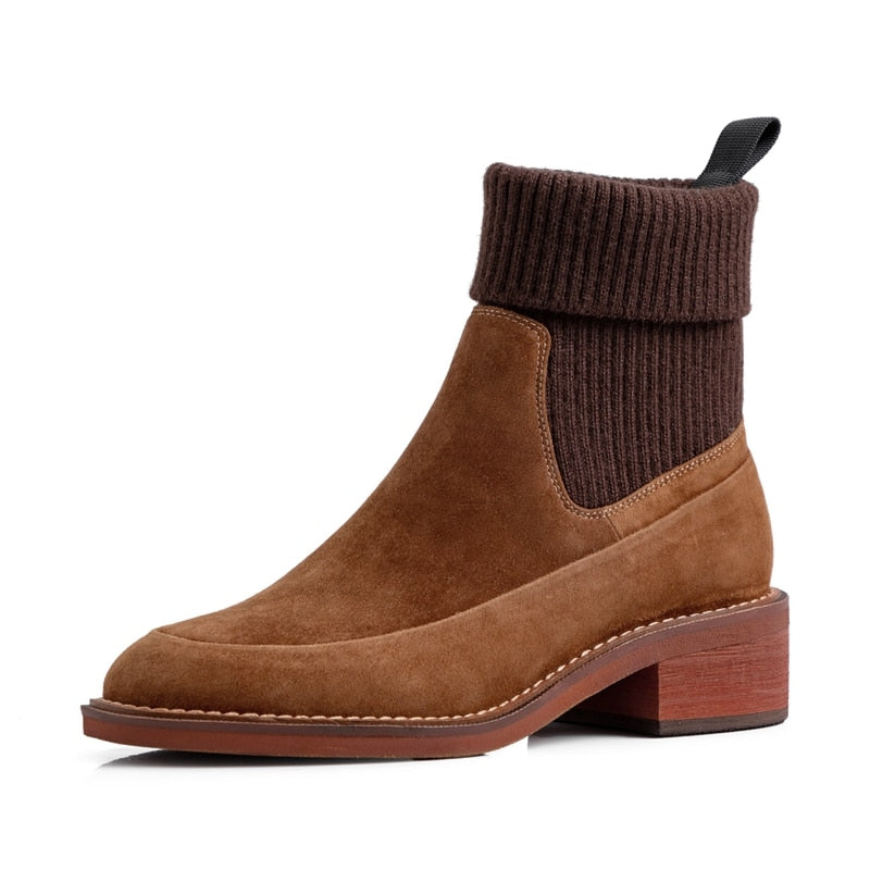 2020 invierno otoño botines para mujer talla 34-39 calcetín tejido botas mujer punta cuadrada negro marrón botines Slip Ons zapatos nuevos