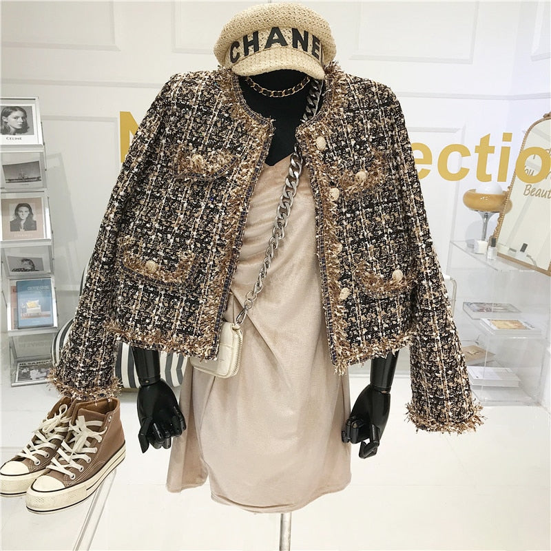 Chaqueta corta de tweed de estilo de mujer con temperamento de alta calidad, chaqueta elegante de otoño 2022 para mujer, chaqueta de moda para mujer, Top para mujer