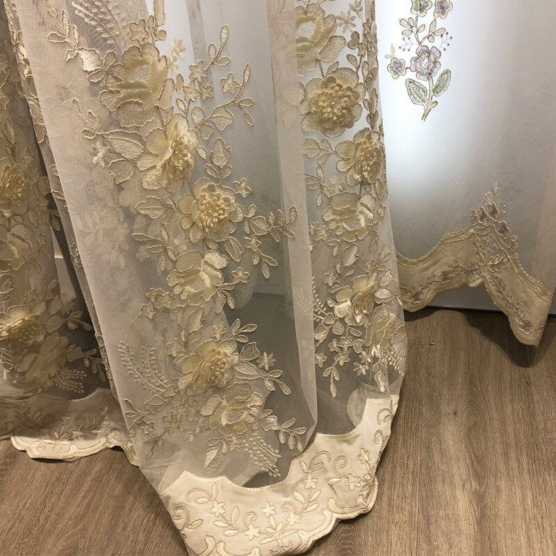 French Romantic Velvet Embroidered Voile Curtain for Living Room Floral Pattern Delicate Sheer Drape Bedroom Blinds S467