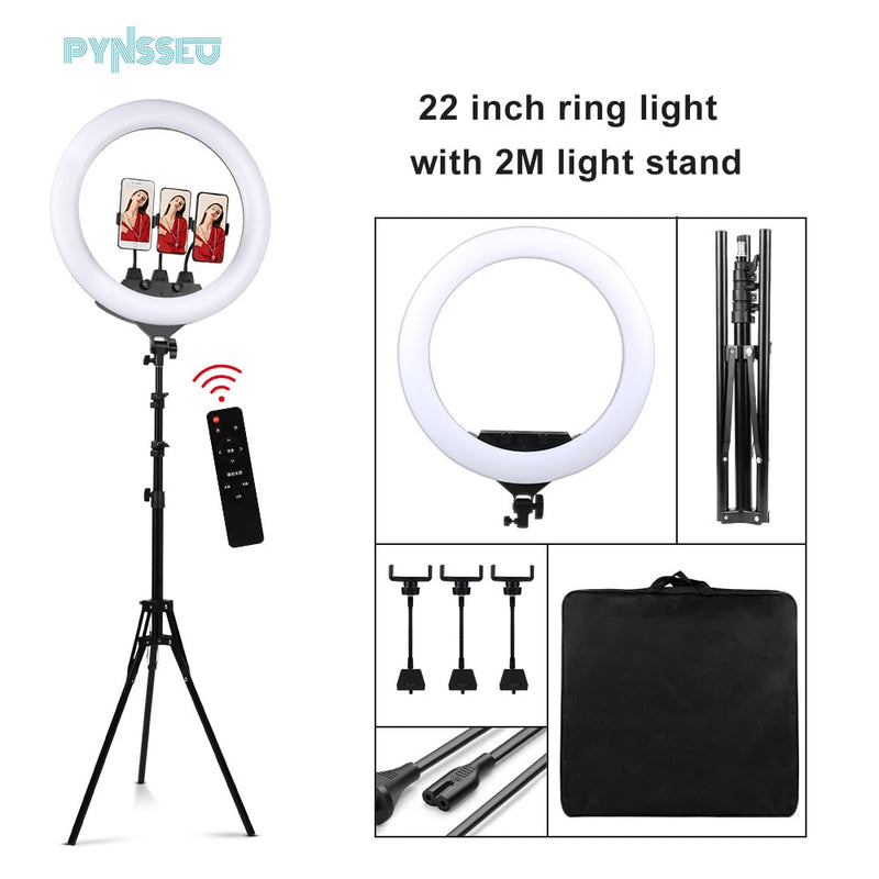 PYNSSEU 22inch Video Ring Lamp with 2M Light Stand Remote Countrol Phone Holder Photographic Ring Light for YouTube Makeup Live