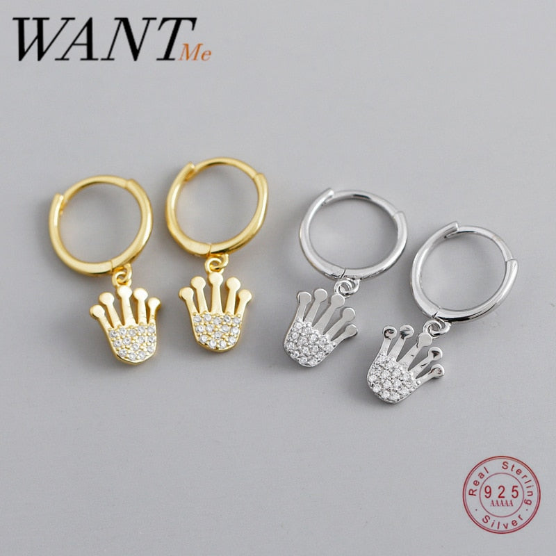 Pendientes de tuerca con colgante de circón de cristal pavé de corona de princesa a la moda de WANTME para mujer, regalo de joyería Punk de Plata de Ley 925 auténtica