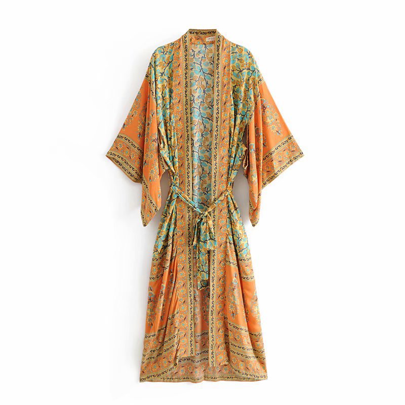 Fitshinling Print Floral Cotton Beach Kimono Belt Vintage Bohemian Slim Cover Up Swimwear Long Cardigan Sexy Flare Sleeve Covers