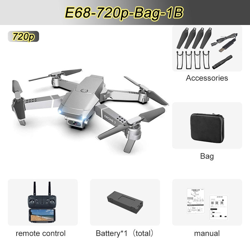 JINHENG E68 Mini RC Drone 4K 1080P HD Cámara Wifi FPV Presión de aire Modo de retención de altitud Cuadricóptero plegable Juguete Regalo para niños