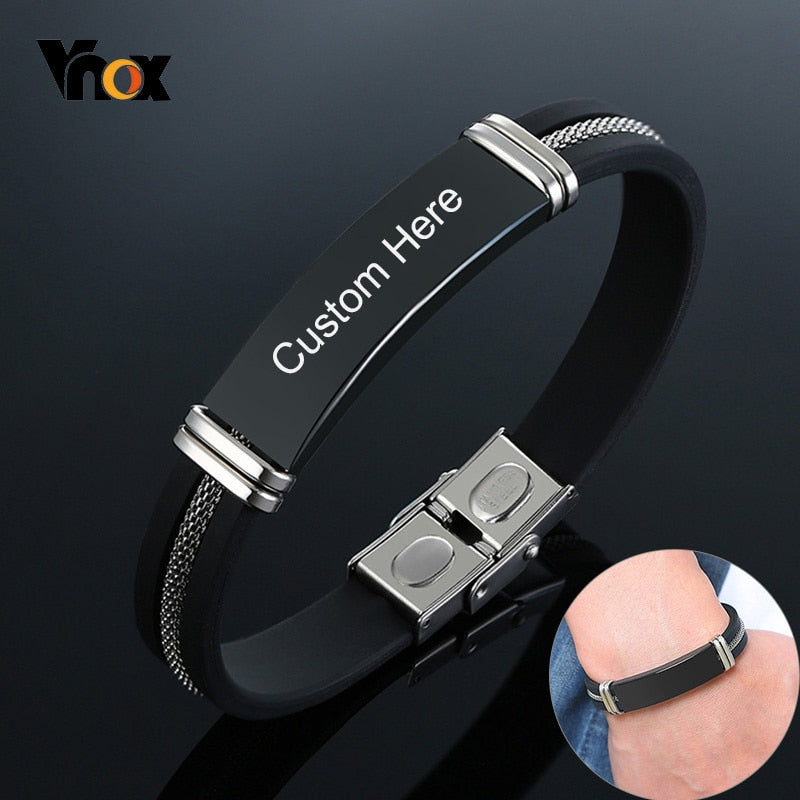 Pulseras informales Vnox para hombres y mujeres, brazalete de silicona personalizado de acero inoxidable con grabado personalizado
