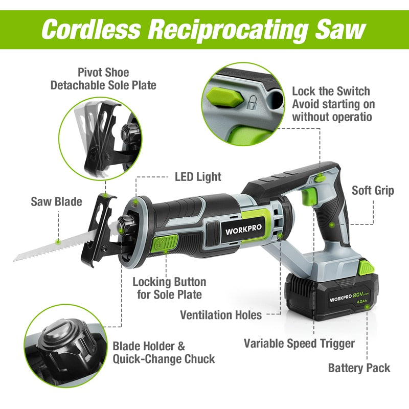 WORKPRO 20V Cordless Reciprocating Saw 1-inch Stroke Length For Wood &amp; Metal Cutting With 4 Saw Blades Tool Kit