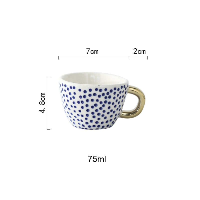 Handbemalte geometrische Keramikbecher mit goldenem Griff, handgefertigte unregelmäßige Tassen für Kaffee, Tee, Milch, Haferflocken, kreative Geburtstagsgeschenke