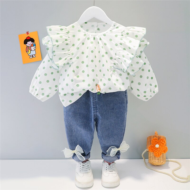 Spring Autumn Baby Girls Clothing Sets Kids Princess Clothes Lace Polka Dot Tops Bow-knot Jeans Toddler Infant Child Costume