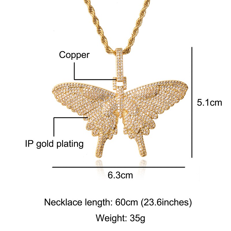D&Z New Full Iced Out Butterfly Wings Pendant Necklace Solid Back Pendant Gold Silver Color Hip Hop Charm Chain Jewelry