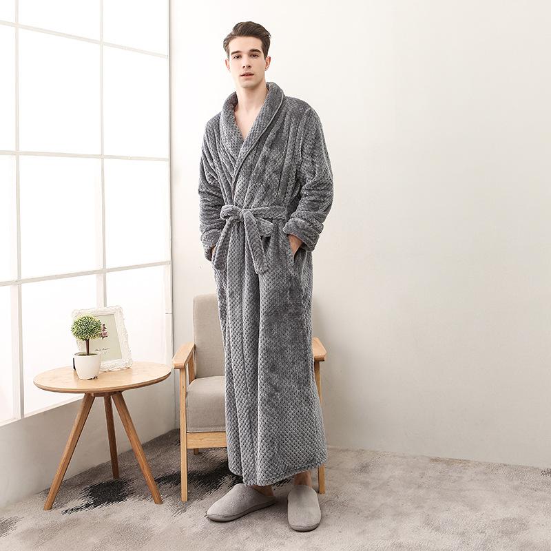 Men Plus Size 3XL Flannel Kimono Bath Gown Ultra Long Large Robe Coral Fleece Nightgown Lovers Couple Thick Warm Sleepwear MR001