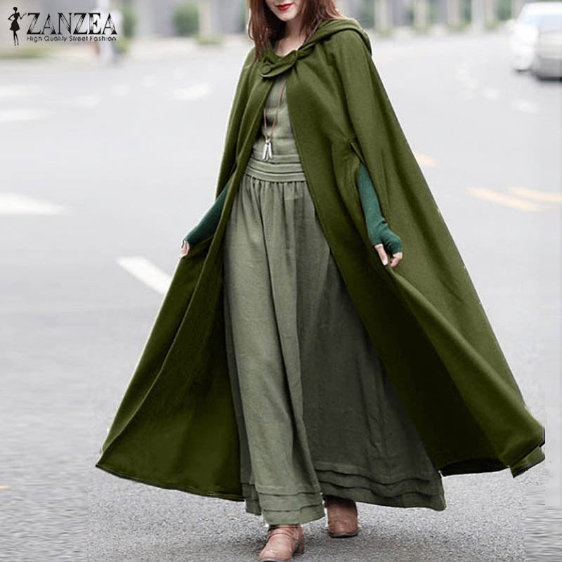 ZANZEA Mujer Poncho Invierno Con Capucha Frente Abierto Capa Suelta Sólido Abrigo Largo Sudaderas Con Capucha Cosplay Outwear Navidad Capa Casual