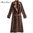 MoaaYina Fashion Windbreaker Overcoat Autumn winter Women Long sleeve Snakeskin pattern Print Lace-Up Keep warm Overcoat