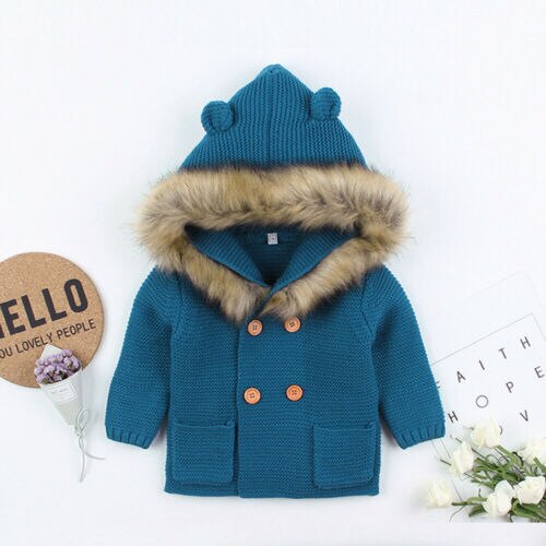 0-24M Winter Warm Newborn Baby Boy Girl Knit Hooded Coat Fur Collar Jacket Clothes Thick Autumn Clothing