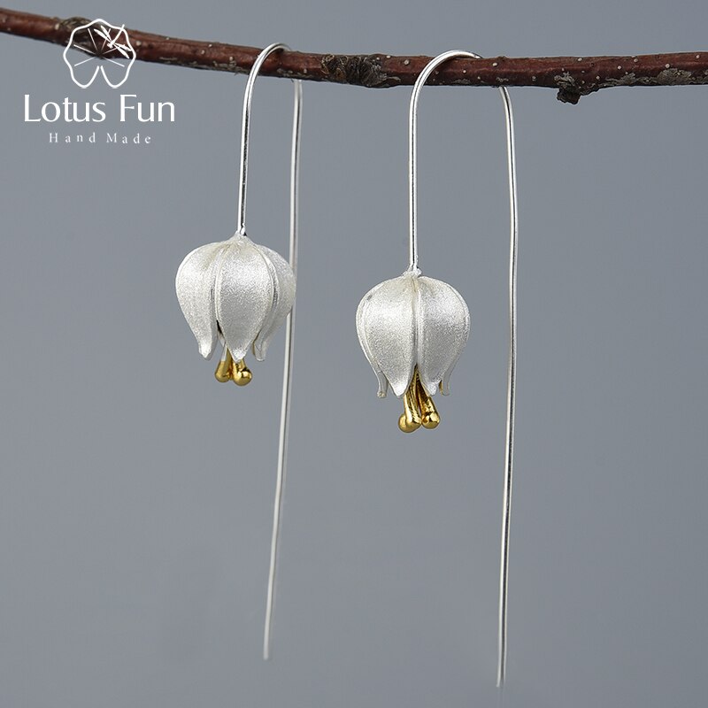 Pendientes colgantes de flor de tulipán de amor eterno de Lotus Fun, pendientes de joyería fina hechos a mano de Plata de Ley 925 auténtica para mujer, bisutería