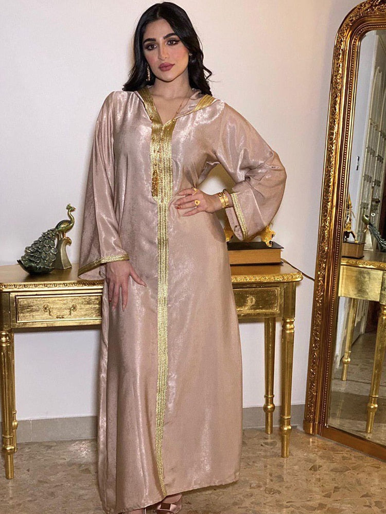 Djellaba Arabisches muslimisches langes Kleid Hoodies Dubai Abaya Damen Zopfbesatz Marokkanischer Kaftan Saudi Jalabiya Ramadan Robe Champagner