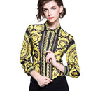 Sommer Damen Schlanke Blusen Tops Barock Print Runway Langarm Shirt Damen Kragen Elegante Vintage Büro Shirts Arbeitskleidung
