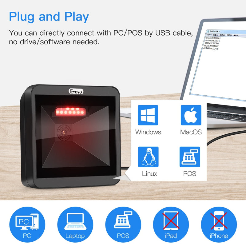 Eyoyo 2D Desktop Barcode Scanner, Omnidirectional Hands-Free Wired USB Big Barcode Reader 1D QR Screen Barcodes Scanning Scanner