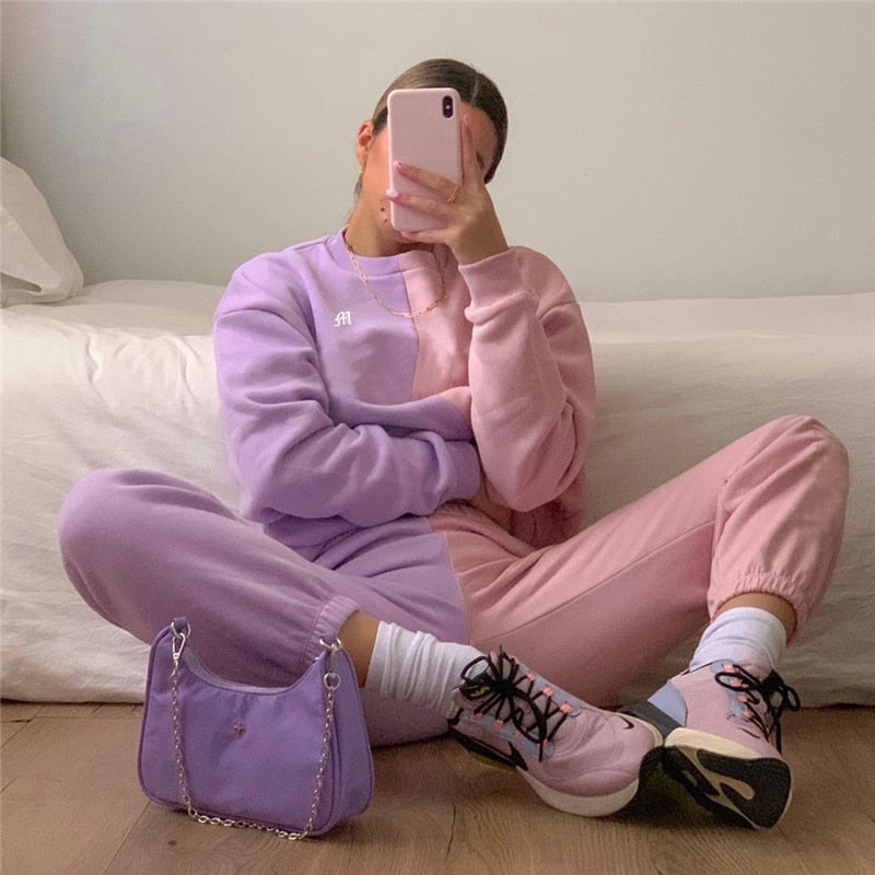 Rockmore Patchwork Two Piece Set Women Outfits Tracksuit Pants Long Sleeve Sweatshirts Streetwear 2 Pieces Sets