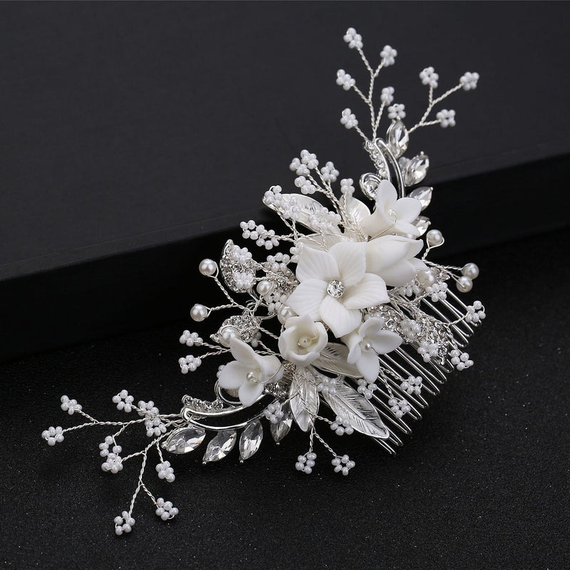 Peineta de perlas con diamantes de imitación y flores blancas, accesorios para el cabello de novia, peineta elegante para boda, adornos para la cabeza para mujer, diadema