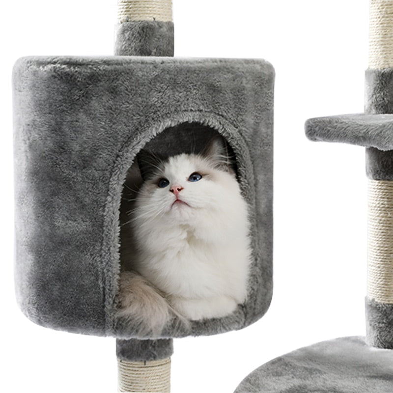 Cat Tree Multi-Level Tower with Scratching Posts Cat Condo Sisal Posts Hammock Activity Jumping Platform with Ball Grey