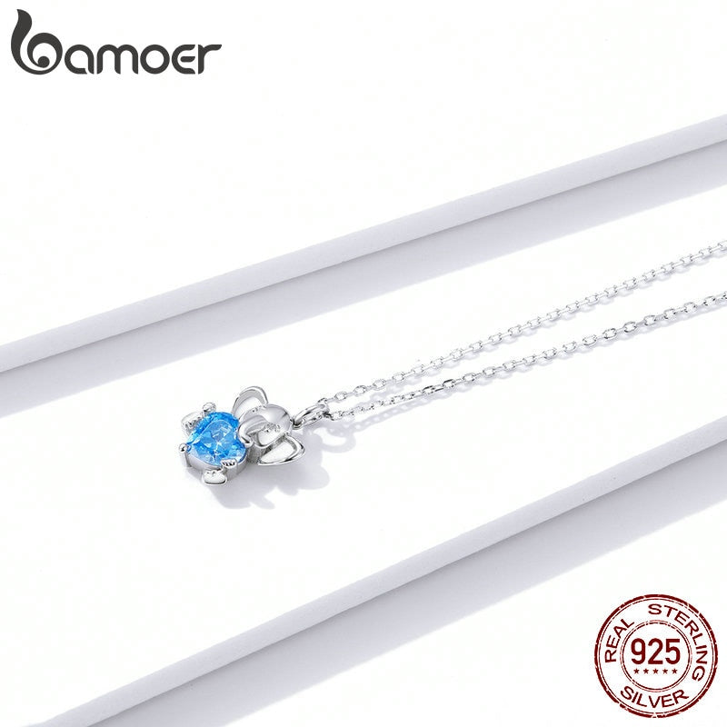 bamoer Ocean Blue Heart CZ Elephant Pendant Necklace for Women 925 Sterling Silver Luxury Animal Silver Jewelry Collar BSN180