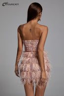 High Quality Celebrity Fashion Pink Feather Bodycon Cute Strapless Dress Evening Party Dress Vestidos