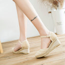 Veowalk Patchwork Handmade Women Plain Linen Sandals Wedge Espadrilles 6cm Platforms Bohemian Shoes Women Ladies Summer Pumps