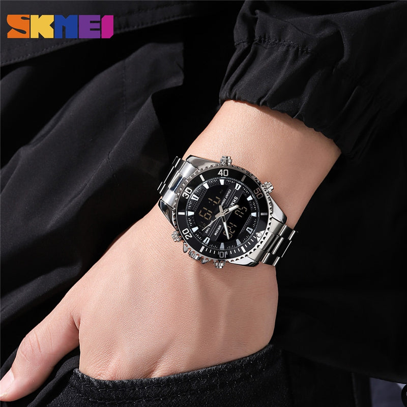 SKMEI Dual Display Uhren Herrenmode Digital Armbanduhren Chrono Alarm Herrenuhr Wasserdicht Edelstahl Relogio Masculino