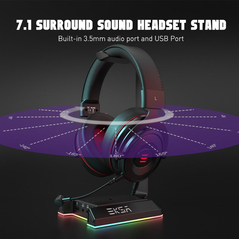 Soporte para auriculares EKSA W1 7.1Surround Gaming Headset Holder RGB con 2 puertos USB y 3 puertos de 3,5 mm para Gamer PC Accesorios Escritorio