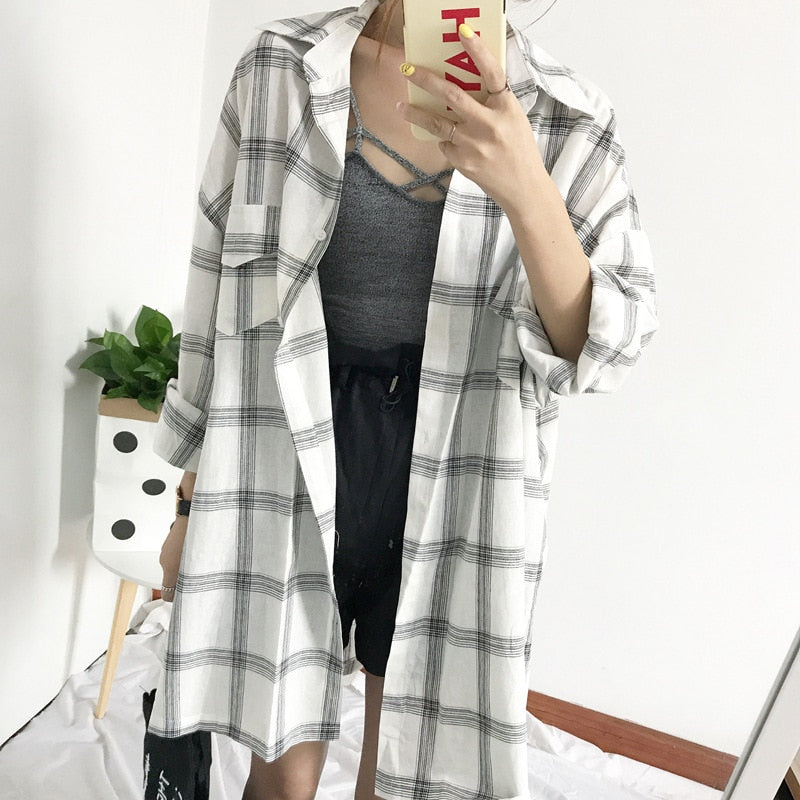 New Summer Long Loose Falling Shoulder Long Sleeve Lapel Plaid Pocket Shirt Women