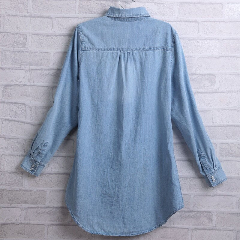 New Spring Fashion Long Loose Cotton Denim Women Blouses Long Sleeve Shirts Women Tops Jeans Blouse Female Casual Clothing