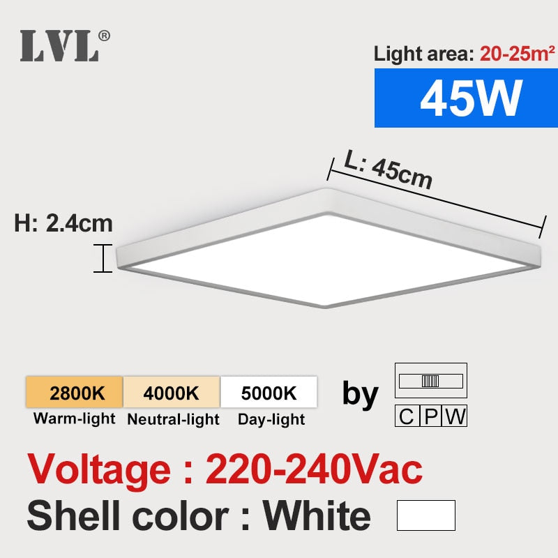 Lámpara LED de techo cuadrada moderna, 45W, 220V, 5000K, 4000K, 2800K, 3 colores para cocina, dormitorio, baño, lámparas de techo ultrafinas