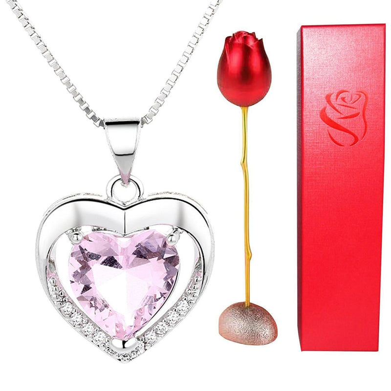 Conjunto de collar de amor eterno con soporte de rosa, colgante de circón rombo romántico con regalos inmortales para el Día de San Valentín