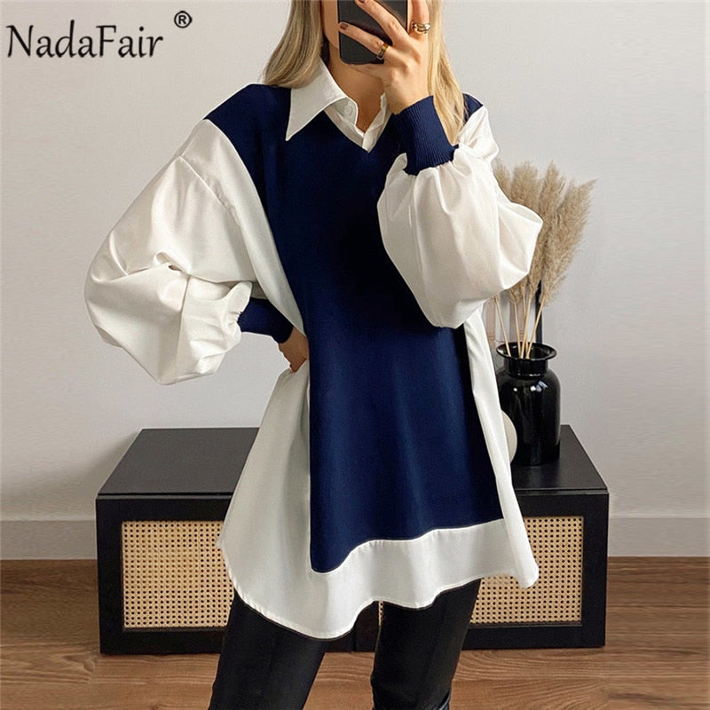 Nadafair 2021 vestido de mujer Casual Patchwork camisa vestido primavera otoño manga larga suelto Mini vestido mujer Loungewear