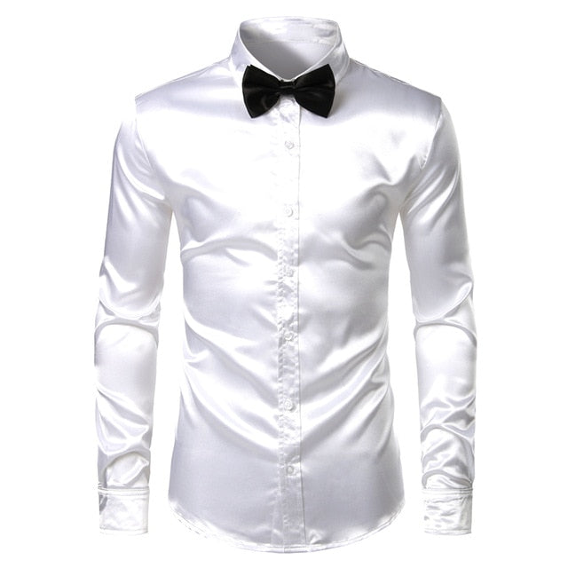 2 Stück Silber Seidenhemd + Krawatte Herren Satin glatt Smokinghemden Casual Button Down Herrenhemden Hochzeit Party Prom Chemise Homme