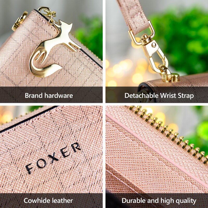 FOXER Women Split Leather Wallet Bifold Clutch Bag with Wristlet Fashion Card Holder Coin Purse Cellphone Bag Female Money Bag