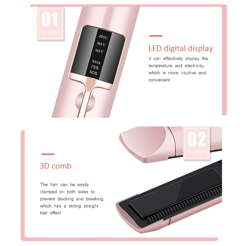 Cordless Mini Hair Straightener Curler Ceramic Fast Heating Plate Flat Irons Negative Ion Straighting Styling Tool USB Charging