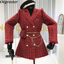 2020 New Gold thread Plaid Suit Coat Women Notched Double breasted Feather Tassel Trim Slim Tweed Jacket With Free Belt bag