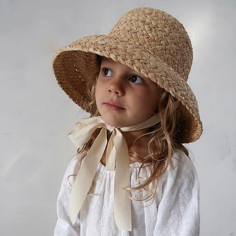 Hand-made Raffia Straw Hat For Kids Retro Flat Top Fold Down Brim Children&