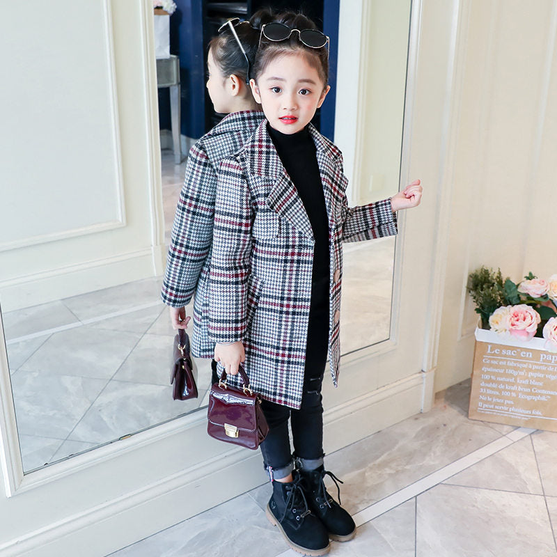 Kids Girl Overcoat Winter New Fashion Houndstooth Wool Coat for Girl Teens Autumn Jacket Long Thick Outerwear Children Windproof