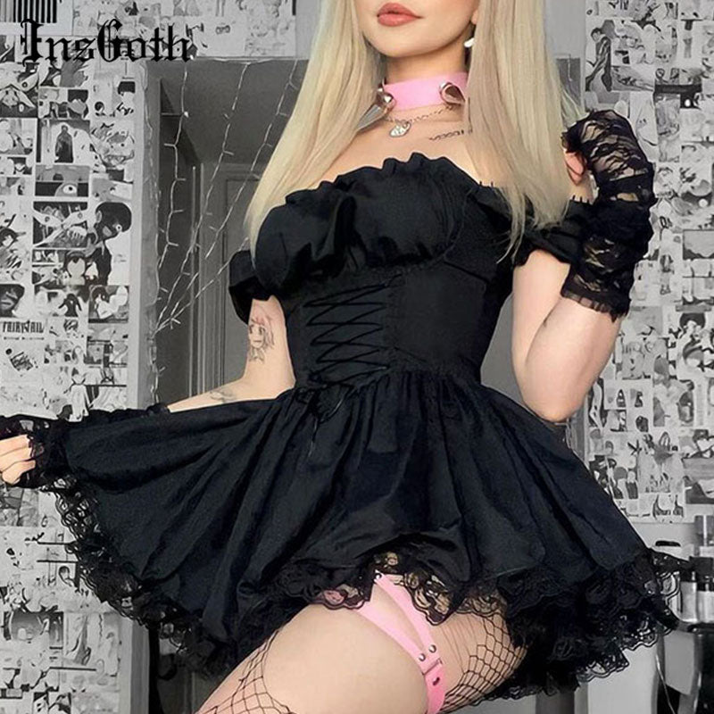 InsGoth gótico Lolita vestido negro gótico estético Puff manga alta cintura Mini vestido Vintage encaje ajuste vendaje corsé vestido de fiesta