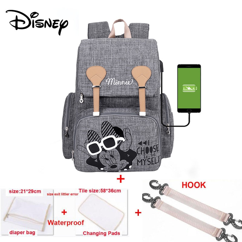 Bolsa de pañales de mamá de Disney, bolsa de lactancia para el cuidado del bebé, mochila de viaje de diseñador, bolsos rosas y grises de Mickey Minnie